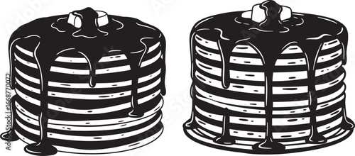 Two tall stacks of pancakes with chocolate syrup silhouette