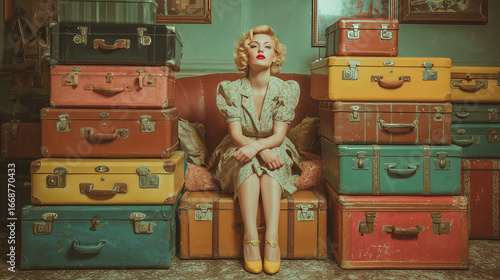 Vintage travel-ready suitcases stacked, young woman sitting surrounded by luggage, nostalgic retro travel mood