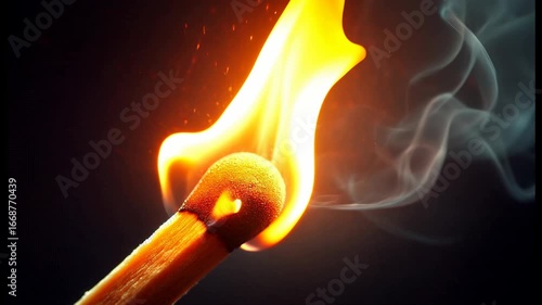 Flaming matchstick igniting with smoke on dark background  