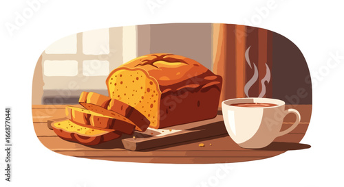 Pumpkin Bread with Tea Cup Vector
