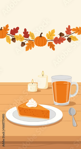Autumn Table with Pumpkin Pie Vector

