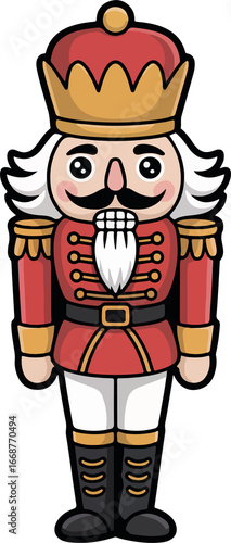 Cute cartoon nutcracker soldier in red and gold uniform with crown and mustache for Christmas decoration on transparent background
