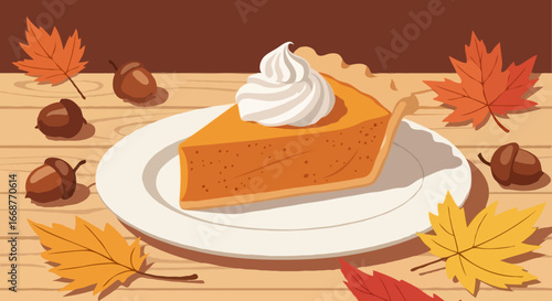 Pumpkin Pie Slice with Cream Vector
