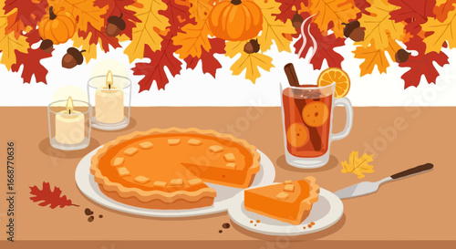 Autumn Table with Pumpkin Pie Vector
