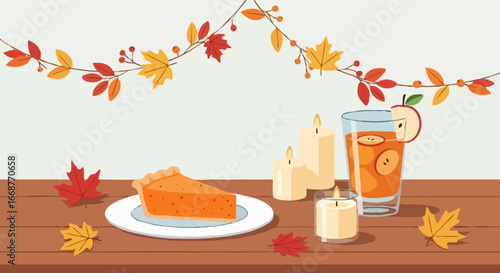 Autumn Table with Pumpkin Pie Vector
