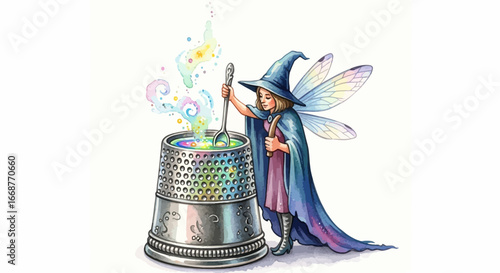 A whimsical fairy, adorned with wings and a wizard hat, brews a vibrant, glowing potion inside a colossal thimble, symbolizing enchanting creativity and miniature magic