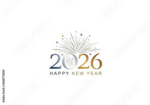 Elegant Happy New Year 2026 design with fireworks and metallic gold, silver, and navy blue colors, perfect for celebratory events and announcements