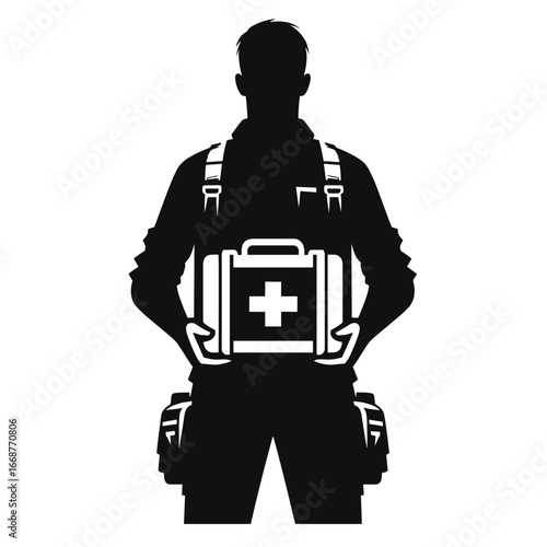 Silhouette of paramedic holding first aid kit
