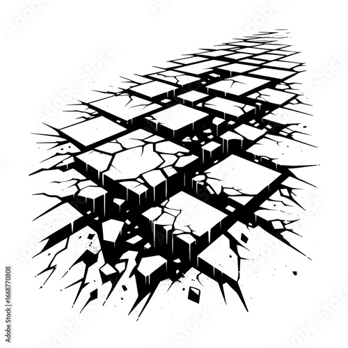 Abstract cracked ground in monochrome black and white style representing fractures or chaos