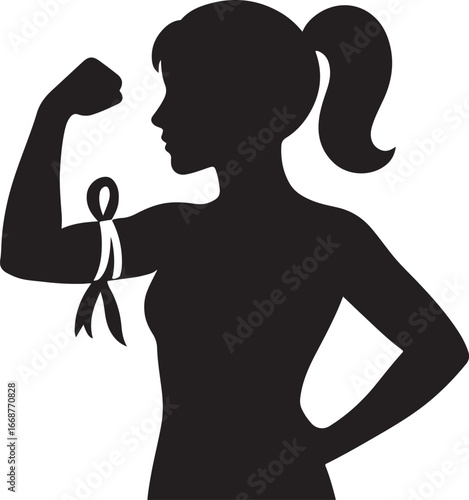 Silhouette of a strong woman flexing arm with awareness ribbon