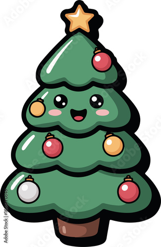 Cute cartoon Christmas tree with ornaments, star on top, and smiling face for holiday decoration on transparent background
