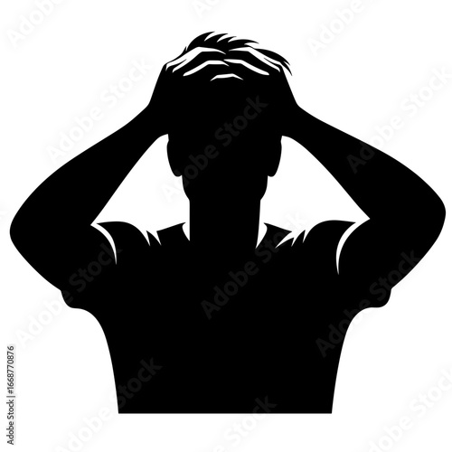 Silhouette person holding head against transparent background
