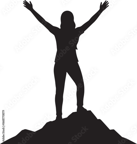 Silhouette of a triumphant woman with arms raised on a mountaintop