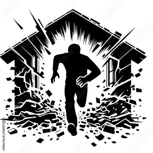 Man running away from explosion background