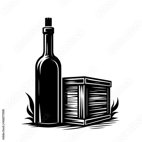 Black bottle and box in silhouette style in black depict craft beverages