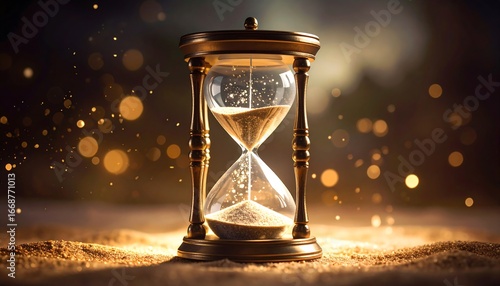 Hourglass Timing Sand Flowing on Glittering Golden Background
