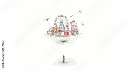 Whimsical Miniature Amusement Park on a Delicate Dandelion Seed Head - A Dreamlike Fantasy Illustration of Fleeting Joy and Imagination