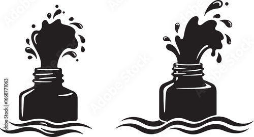 Two black ink bottles splashing liquid silhouette