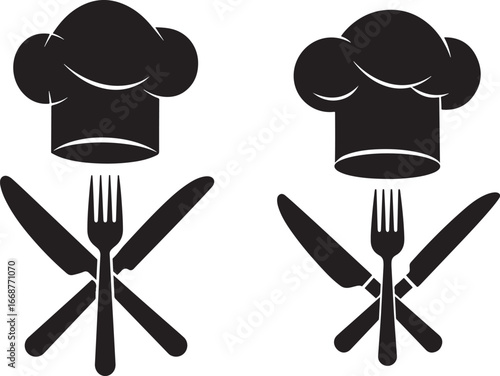 Two chef hats with crossed knives and forks silhouette