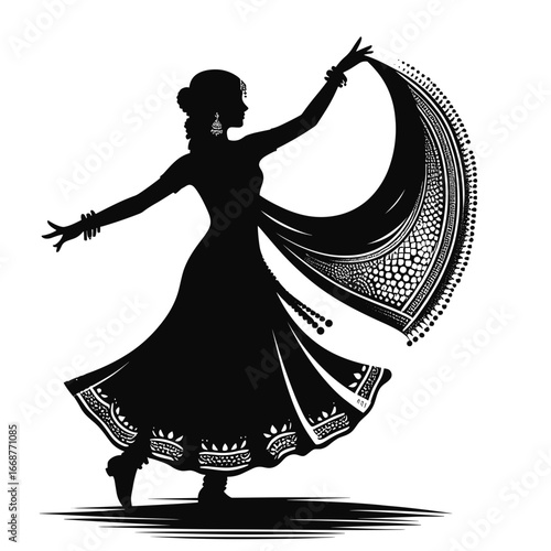 Silhouette woman dancing traditional Indian dance
