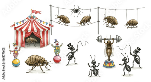 Whimsical insect circus with tiny performers showcasing incredible feats under the big top, a humorous illustration of nature's small wonders in a grand spectacle