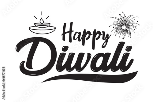 Happy Diwali Calligraphy with Diya Lamp, Festival Greeting, vector illustration