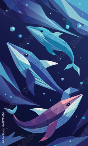 Abstract Geometric Whales: Serene Deep Sea Scene, Low Poly Style