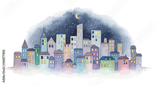 Whimsical Watercolor Cityscape A Charming Night View with Stars and Moon