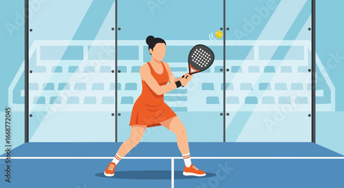 Flat illustration of a female athlete playing padel on a glass-walled court, showcasing focus, agility, and modern racket sports, perfect for fitness, lifestyle, and sports competition themes
