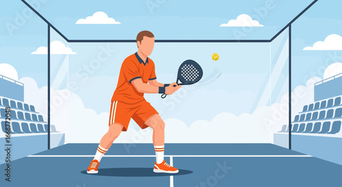 Flat illustration of a male athlete playing padel on a glass-walled court, highlighting focus, agility, and modern racket sports, perfect for fitness, lifestyle, and competitive sports concepts