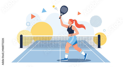 Flat illustration of a female athlete serving in a padel match, symbolizing energy, competition, and modern racket sports, ideal for fitness, lifestyle, recreation, and sports marketing themes