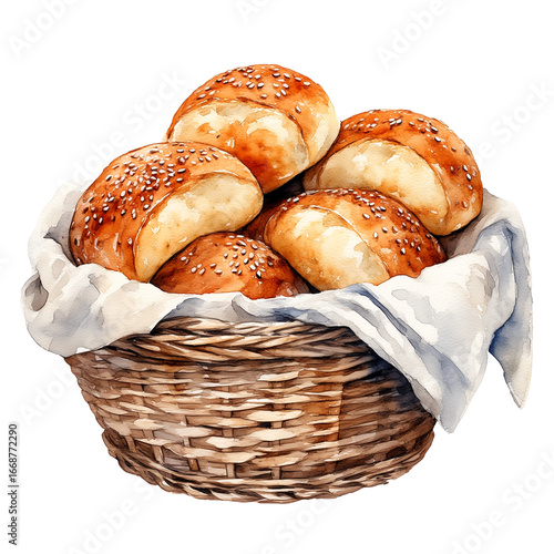 a watercolor painting depicts a woven basket filled with golden-brown rolls sprinkled with sesame seeds and lined with a delicate white cloth.