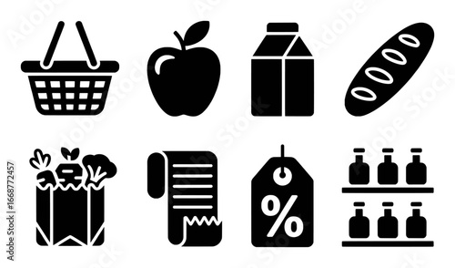 Grocery Shopping Icons: Basket, Apple, Milk, Bread, Bag, Receipt, Tag, Bottles