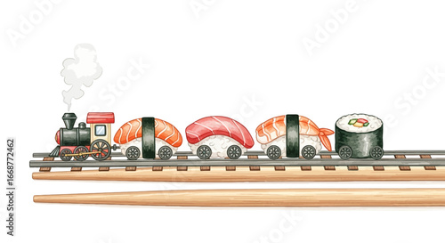 A whimsical illustration showing a charming sushi train, with various sushi pieces as its cars, moving on tracks made from chopsticks against a white background