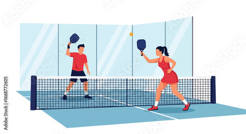 Flat illustration of two athletes playing padel indoors, highlighting fast-paced action, teamwork, and modern racket sports, perfect for fitness, recreation, competition, and healthy lifestyle themes.