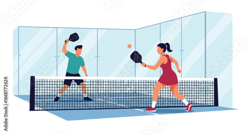 Flat illustration of two athletes playing padel indoors, highlighting fast-paced action, teamwork, and modern racket sports, perfect for fitness, recreation, competition, and healthy lifestyle themes.