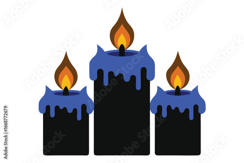 Three burning Halloween candles casting light in the dark, vector graphic