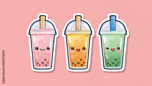 Adorable Boba Tea Sticker Set Featuring Pink Mango and Green Flavors on Light Pink Background