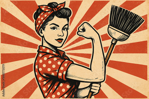 A vintage-inspired pop art illustration of a strong woman in a red polka-dot outfit holding a broom. Set against bold red rays on a  textured beige background, this image celebrates the empowerment
