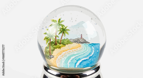 Beach Paradise in a Snow Globe Watercolor Tropical Dream