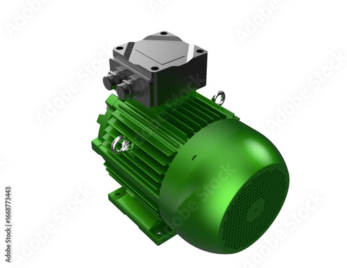 Green Industrial Electric Motor 3D Render Isolated. A high-definition AC Induction Engine, essential for modern engineering and manufacturing projects, isolated on transparent PNG background for