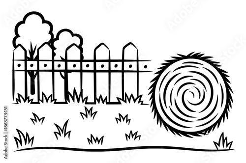 Simple Line Drawing of a Farm Scene with Hay Bale and Fence