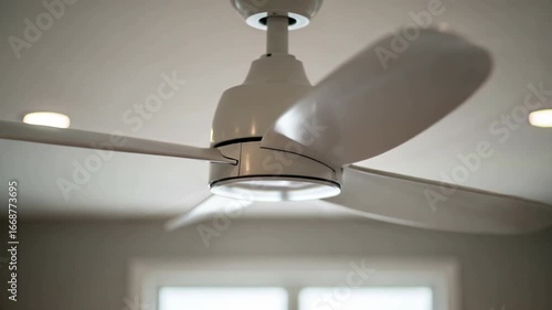 Modern ceiling fan with white blades rotating in a bright room  