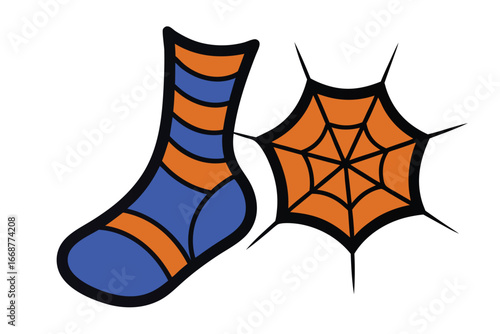 Striped sock and spiderweb, a Halloween holiday cartoon vector illustration