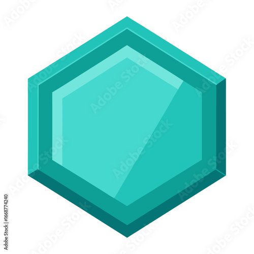 Glossy teal hexagon geometric shape with shine effect