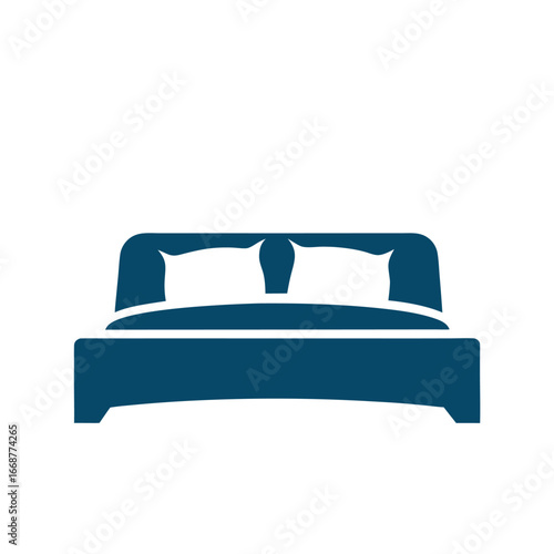 Simple Blue Icon of a Double Bed with Two Pillows
