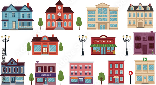 City buildings vector set with houses, schools, shops, hospitals, offices, trees and street lamps – flat cartoon illustration icons