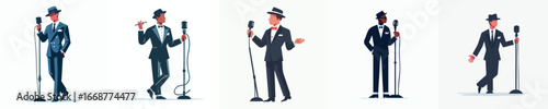 Fotografie Classic Jazz Crooner Vector Set – Retro Male Singers with Microphone