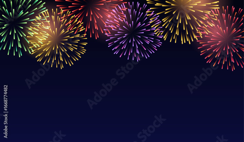	
Vector decorative border with colorful exploding fireworks in the sky - celebration card, festival banner	

