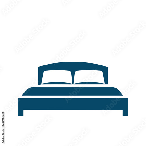 Simple Blue Icon of a Double Bed with Two Pillows